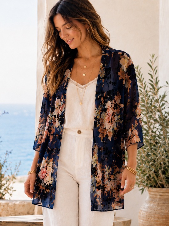 Papillon Other - Papillon Velvet Burnout Floral Kimono Cardigan | Navy Bo
